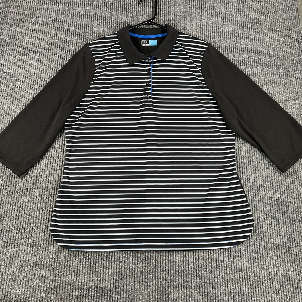 PGA Tour Shirt Mens XL Black Blue Stripe Golf Polo 3/4 Sleeve Performance